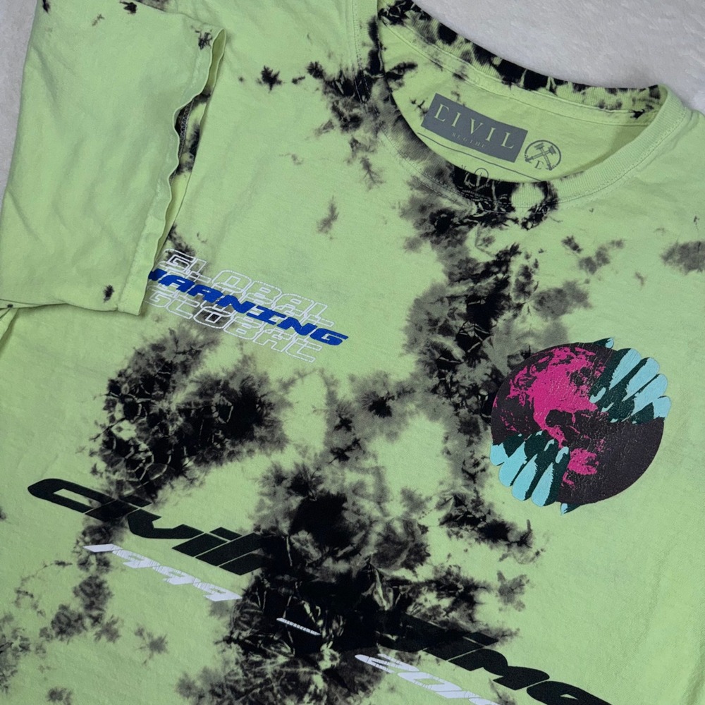Civil Regime T Shirt Mens Large Neon Green‎ Black Tie Dye Global Warning Graphic
